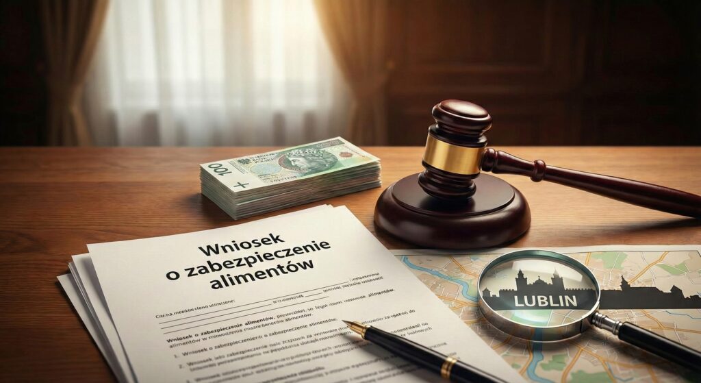 alt="Wniosek o zabezpieczenie alimentów na biurku, pomoc prawna i detektyw Lublin"
