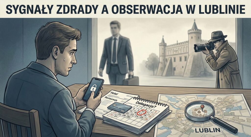 alt="Ilustracja do artykułu 'Sygnały zdrady a obserwacja w Lublinie'. Na pierwszym planie zmartwiony mężczyzna przegląda telefon i rachunki, obok mapa Lublina. W tle detektyw z aparatem obserwuje inną osobę na tle Zamku Lubelskiego."